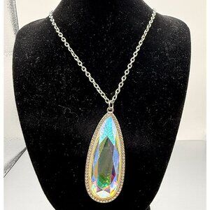 Large Iridescent Teardrop Pendant Necklace with Rhinestone Border